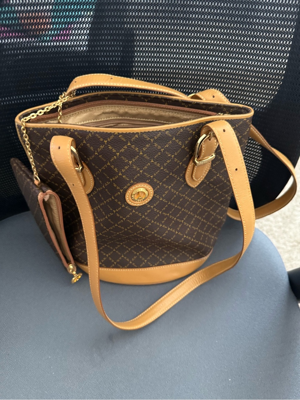 Brown Patterned Shoulder Tote with Tan Trim